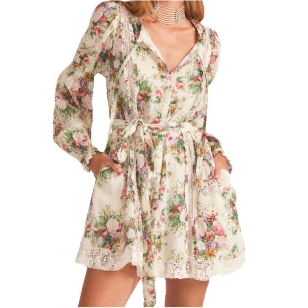 LoveShackFancy Fria Shining Gemstone Floral Lace-Trim Mini Dress Cream‎ Small
